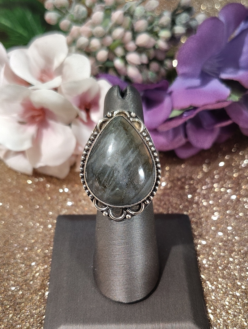 Laboradorite Teardrop 925 Silver Ring Size 6 1/2